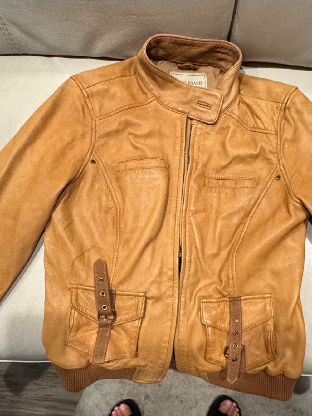 Lucky Brand Women's Tan Leather Jacket with Buckle Pocket Details